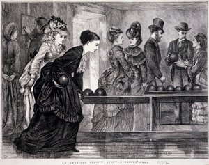 Mulheres jovens jogando boliche, nos Estados Unidos, por volta de 1870 - gravura de Unknown artist