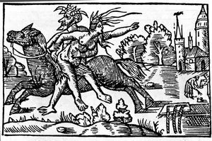 o diabo tira uma bruxa de um cavalo e leva-a para o inferno. Xilogravura do século XVI de Unknown artist