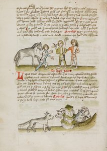 Um homem conduzindo um cavalo para dois outros homens; um lobo diante de um rebanho de ovelhas e carneiros