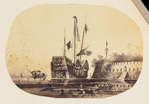 [Cópia fotográfica de um desenho de um navio atracado junto a um forte].