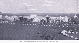 Campo de refugiados bôeres em Spitzkop, colônia do Rio Orange, de After Pretoria: The Guerilla War publicado pela Harmsworth Bros Limited de Unknown photographer