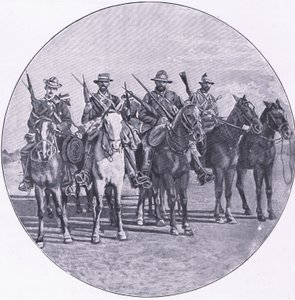 Boers armados com espingardas e guarda-chuvas, de After Pretoria: The Guerilla War publicado pela Harmsworth Bros Limited de Unknown photographer