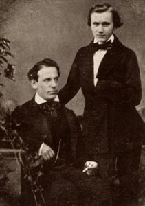 Johannes Brahms (1833-1897) compositor alemão, de pé, com o violinista húngaro refugiado, Eduard Remenyi (1828-1898), com quem fez uma digressão (meio-tom de uma fotografia) de Unknown photographer