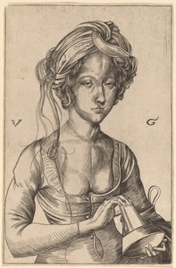 Uma figura de busto de uma virgem tola segurando sua lâmpada invertida de Urs Graf I after Martin Schongauer