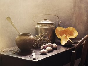 Natureza morta numa cozinha rústica