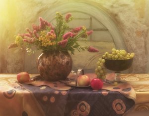 Natureza morta floral e frutal com tons quentes