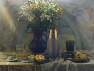 Flores silvestres e fruta fresca