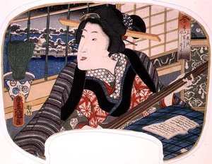 Winter, Shinobazu Pond; Uma gueixa praticando uma balada, design para um fã de um conjunto de quatro ilustrando as estações do ano de Utagawa Kunisada