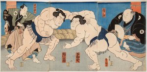 Combat des lutteurs de sumo Shiranui et Jimmaku. Estampe de Utagawa Kunisada (1786-1865), vers 1860 - Wrestling match Shiranui vs Jimmaku, de Kunisada (Toyokuni III), Utagawa (1786-1865). Lenha colorida de Utagawa Kunisada