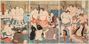 Luta dos lutadores de sumo Shitaky Beya e Hidenoyama. Impresso por Utagawa Kunisada (1786-1865) de Utagawa Kunisada