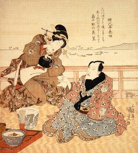 Onoe Kikugoro III tomando chá em Shinagawa, c.1825 (impressão em bloco de madeira colorida) (ver também 282741) de Utagawa Kunisada