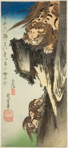 Um leão treinando um filhote de Utagawa Hiroshige