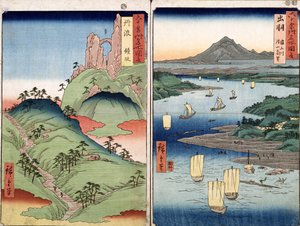 Uma paisagem e seascape, duas visões da série &39;60 -Odd vistas famosas das províncias, bar. por Kosheihei, 1853, (impressão do woodblock da cor)