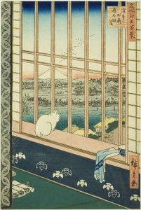 Asakusa lycee Fie lds plan d town feschival (A cidade de captura de campo de arroz de Asakusa também está listada), da série "Ridge d re d fa net views f Edo (famous place 100 views of Edo) ” de Utagawa Hiroshige