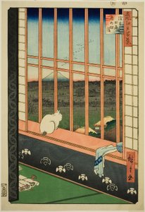 Asakusa lycee Fie lds plan d town feschival (A cidade de captura de campo de arroz de Asakusa também está listada), da série "Ridge d re d fa net views f Edo (famous place 100 views of Edo) ” de Utagawa Hiroshige