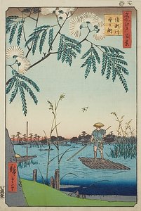 Rio Ayase e Kanegafuchi (Ayasegawa Kanegafuchi), n.º 63 da série "Cem vistas famosas de Edo (Meisho Edo hyakkei)" de Utagawa Hiroshige