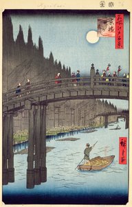 Jardas de bambu, Ponte Kyobashi, No.76 de cem vistas de Edo, período Edo, era de Ansei, publicado em 1857 (impressão em xilogravura a cores) de Utagawa Hiroshige