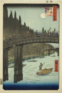 Coloque o livro oya rds plan d living bri dge (banco do rio de bambu ibashi), da série `` Ridge part d re d fa net s views f Edo (famous place 100 views of Edo)