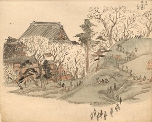 Contemplação das flores de cerejeira no templo do Monte Suribachi, segundo uma ilustração do volume 5 do livro ilustrado «Lembranças de Edo» (Ehon Edo miyage) de Utagawa Hiroshige