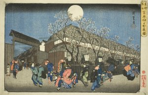 Flores de cerejeira à noite em Nakanocho no Yoshiwara (Yoshiwara Nakanocho yozakura), da série "Lugares famosos na capital oriental (Toto meisho)" de Utagawa Hiroshige