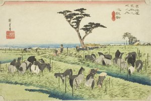 Chiryu: Early Summer Horse Market (Chiryu, shuka uma ichi), da série "Cinquenta e três estações do Tokaido (Tokaido gojusan tsugi no uchi)", também conhecido como Hoeido Tokaido de Utagawa Hiroshige