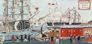 Presente do comodoro Perry de uma estrada de ferro para os japoneses em 1853 (impressão em xilogravura)