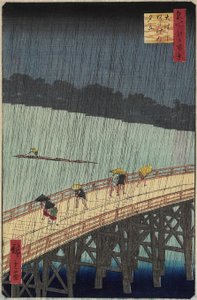 Vista distante de Atake no chuveiro noturno sobre a ponte O_hashi, julho de 1857