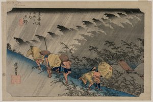Driving Rain at Shono (Estação 46) da série Cinquenta e Três Estações do Tokaido de Utagawa Hiroshige