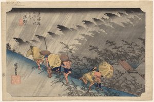 Driving Rain at Shono (Estação 46) da série Cinquenta e Três Estações do Tokaido de Utagawa Hiroshige