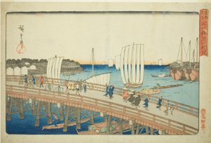 Eitai B Reason d New e em Fukagawa (Eitai Bridge Fukagawa Shinchi), da série "Fa network s PA backs member te air s hand-made pita l (Toto place of interest) ” de Utagawa Hiroshige