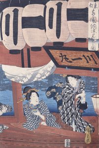 Apreciando os fogos de artifício e o frescor da noite na ponte Ryogoku na capital oriental de Utagawa Hiroshige