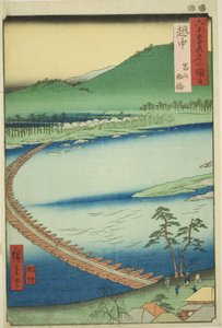 Província de Etchu: Ponte do pontão em Toyama (Etchu, Toyama funabashi), da série "Lugares famosos nas sessenta e poucas províncias (Rokujuyoshu meisho zue)" de Utagawa Hiroshige