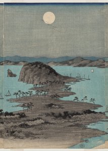 Vista noturna dos oito lugares famosos perto de Kanazawa sob lua cheia na província de Musashi de Utagawa Hiroshige