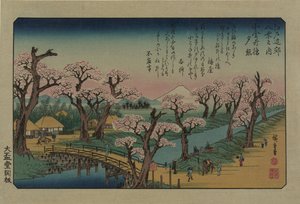 Brilho da noite na ponte Koganei. Da série Oito vistas nos arredores de Edo, 1838. de Utagawa Hiroshige