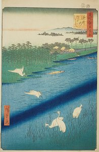 Travessia de barco em Sakasai (Sakasai no watashi), n.o 67 da série "Cem vistas famosas de Edo (Meisho Edo hyakkei)" de Utagawa Hiroshige