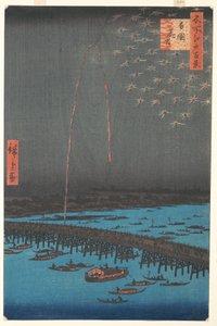 Fogos de artifício no Ry Goku Bridge, 1858 (impressão woodblock de cor)