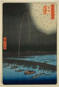 Filet rks at Rokoku (Rokoku Fireworks), da série ”Ridge d re d Fa net s Views of Edo (Cem vistas famosas de Edo)” de Utagawa Hiroshige