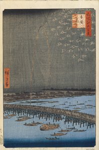 Fogos de artifício pela ponte Ryogoku Cem vistas famosas de Edo, 1856-1858 de Utagawa Hiroshige
