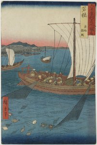 Flatfish compensação e barcos de peixe, província de Wakasa, setembro de 1853 (impressão em xilogravura de cor)
