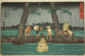 Fujieda—Não. 23, da série "Cinquenta e três estações do Tokaido (Tokaido gojusan tsugi)", também conhecido como Reisho Tokaido de Utagawa Hiroshige