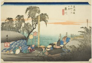 Fujikawa: Vista de Post Outskirts (Fujikawa, bohana no zu), da série "Cinquenta e três estações do Tokaido (Tokaido gojusan tsugi no uchi)", também conhecido como Hoeido Tokaido de Utagawa Hiroshige