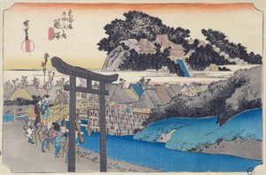 Fujisawa: o Yugyo-ji, ou Shojoko-ji, templo budista da seita Ji, da série &39;Cinqüenta e três estações no Tokaido&39;, c.1834-35 (impressão em xilogravura a cores)