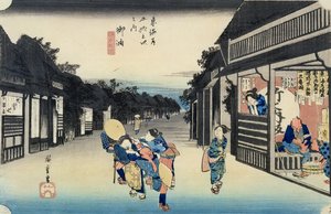 Goyu: Waitresses Soliciting Travellers, da série &39;53 Stations of the Tokaido &39;, publicada em 1833-34 (print woodblock colorido)