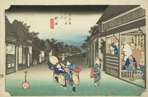 Goyu: Women Stopping Travelers (Goyu, tabibito tomeru onna), da série "Cinquenta e três estações do Tokaido (Tokaido gojusan tsugi no uchi)", também conhecido como Hoeido Tokaido de Utagawa Hiroshige