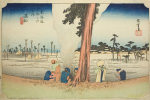 Hamamatsu: Cena de Inverno (Hamamatsu, fuyugare no zu), da série "Cinquenta e três estações do Tokaido (Tokaido gojusan tsugi no uchi)", também conhecido como Hoeido Tokaido de Utagawa Hiroshige