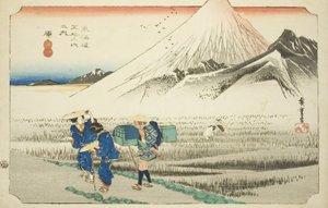 Hara: Mount Fuji in the Morning (Hara, asa no Fuji), da série "Cinquenta e três estações da estrada de Tokaido (Tokaido gojusan tsugi no uchi)", também conhecido como Hoeido Tokaido de Utagawa Hiroshige