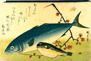 Hiroshige Um cardume de peixes Fugu de cauda amarela de Utagawa Hiroshige