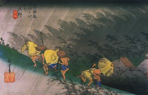Hiroshige, Viajantes surpreendidos por chuva repentina de Utagawa Hiroshige