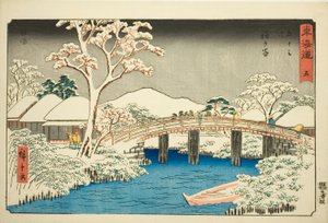 Hodogaya: Rio Katabira e Ponte Katabira (Hodogaya, Katabiragawa Katabirabashi)—Nº 5, da série "Cinquenta e três estações do Tokaido (Tokaido gojusan tsugi)", também conhecido como Reisho Tokaido de Utagawa Hiroshige