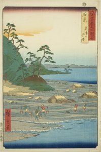 Província de Iwami: Praias salgadas perto de Takatsu Hill (Iwami, Takatsuyama shiohama), da série "Lugares famosos nas sessenta e poucas províncias (Rokujuyoshu meisho zue)" de Utagawa Hiroshige